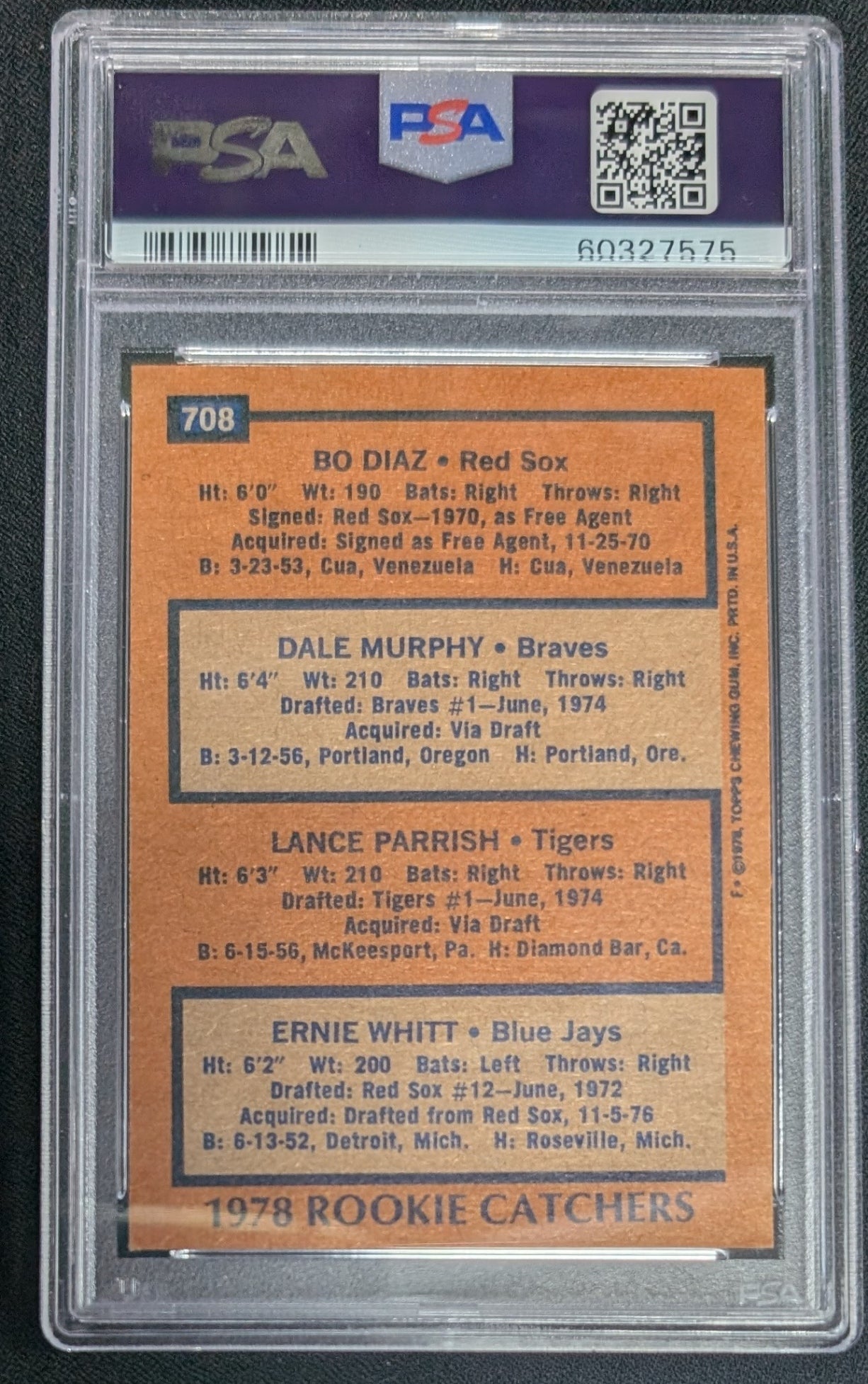 1978 Topps #708 Rookie Catchers Dale Murphy PSA 7