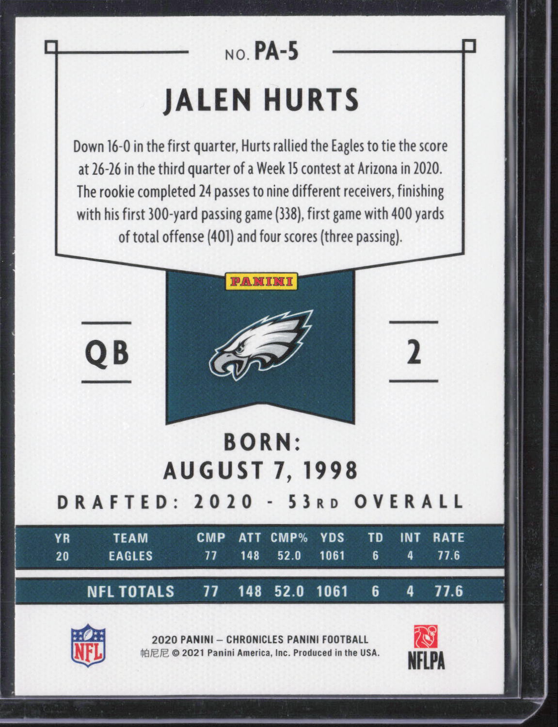 2020 Panini Chronicles #PA-5 Jalen Hurts Panini