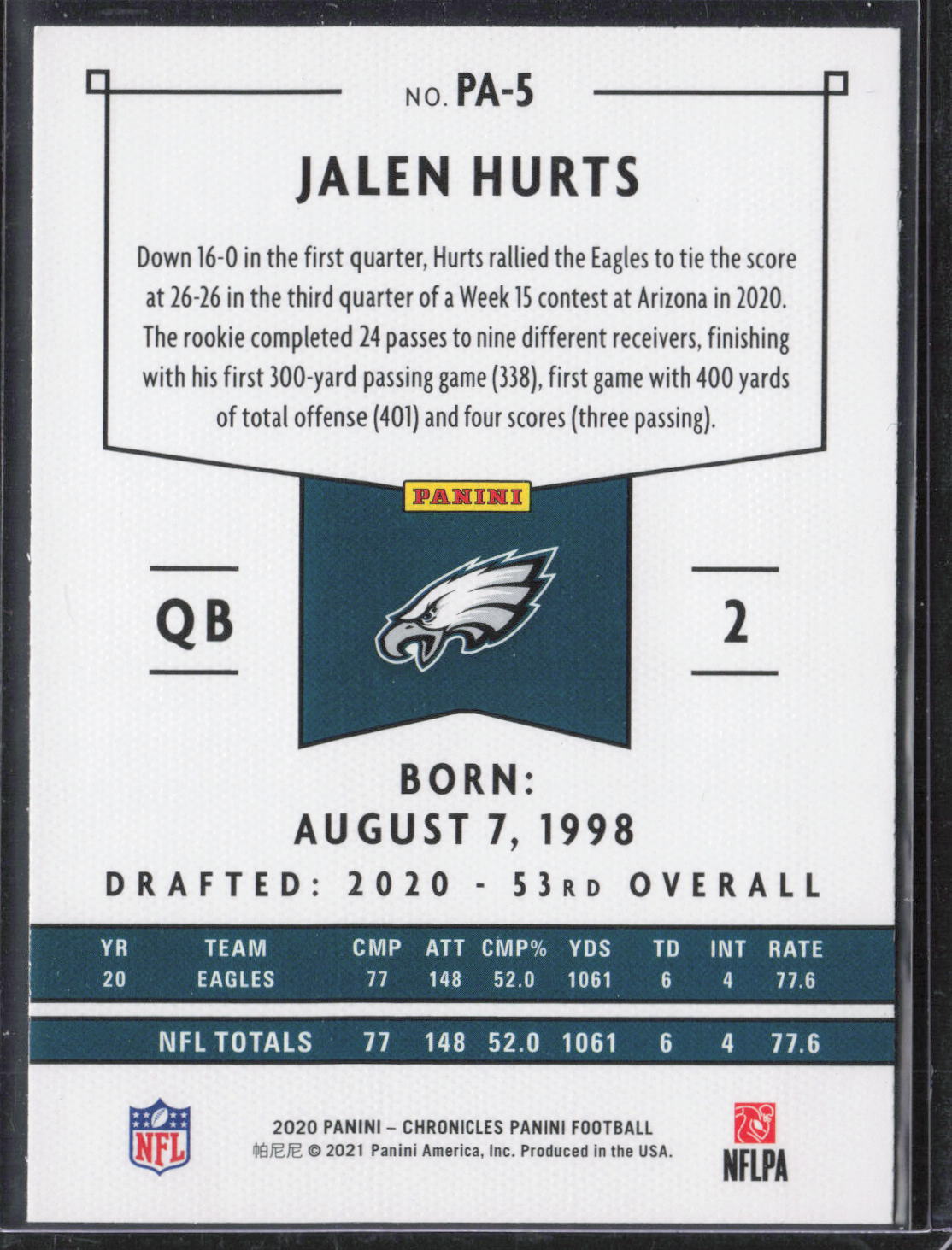2020 Panini Chronicles #PA-5 Jalen Hurts Panini