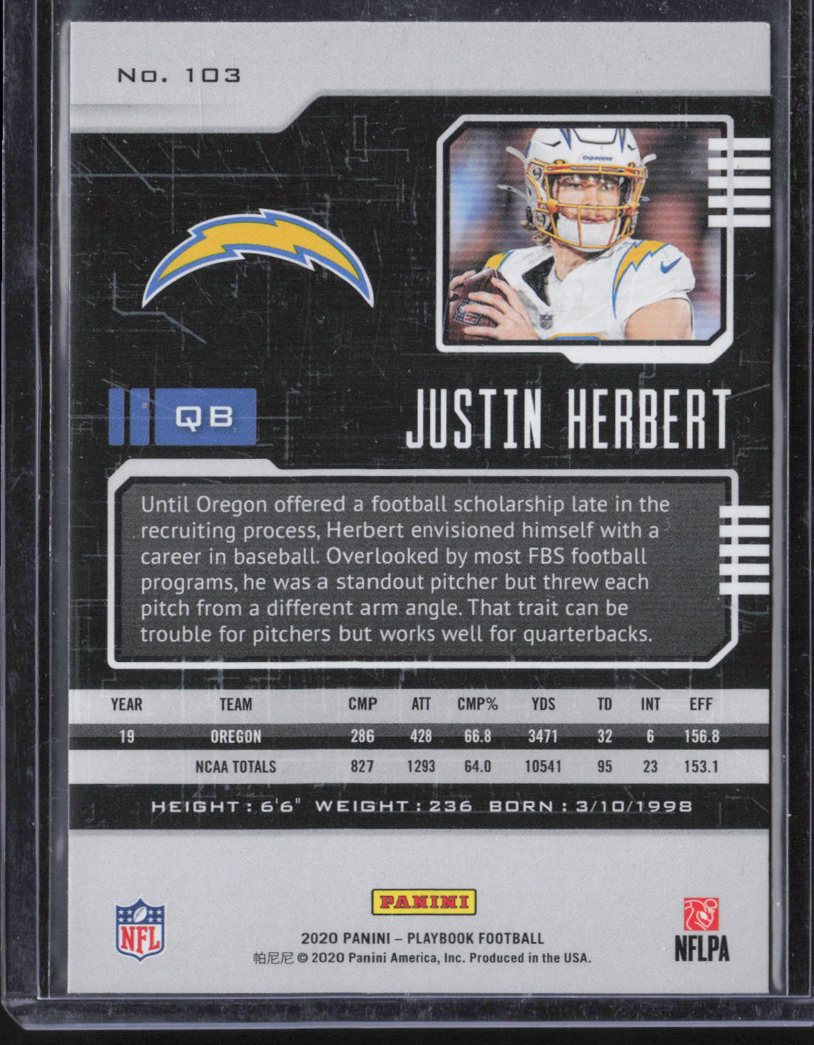 2020 Panini Playbook #103 Justin Herbert Rookie