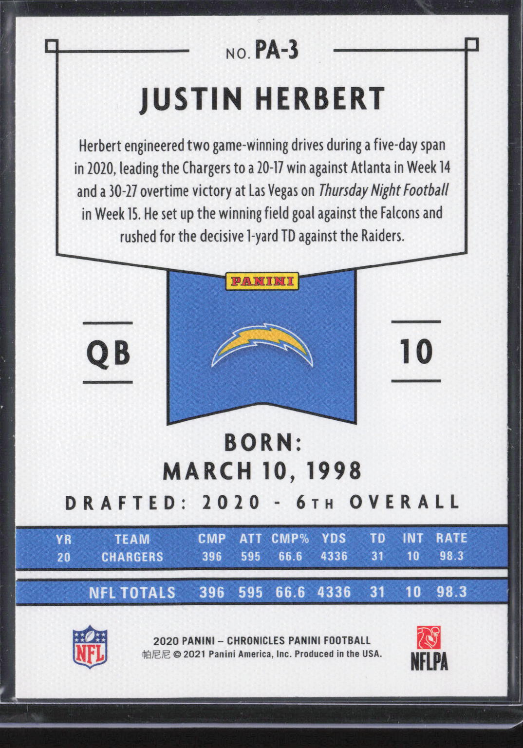 2020 Panini Chronicles #PA-3 Justin Herbert Panini