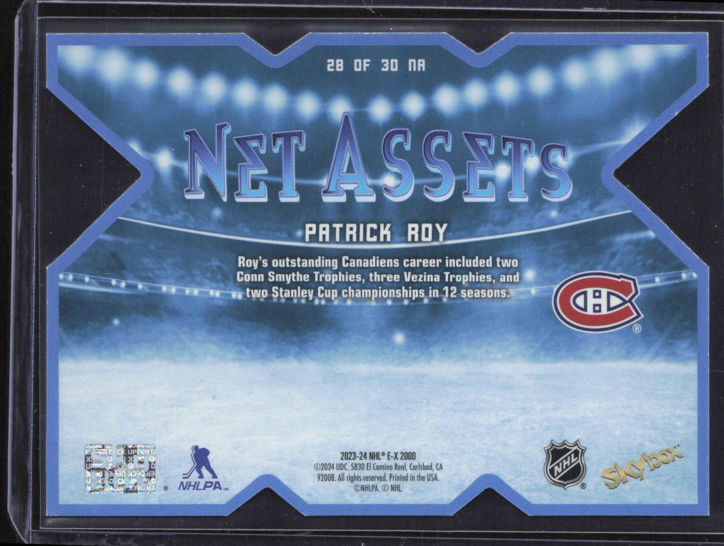 2023-24 SkyBox E-X 2000 #28 OF 30 NA Patrick Roy Net Assets
