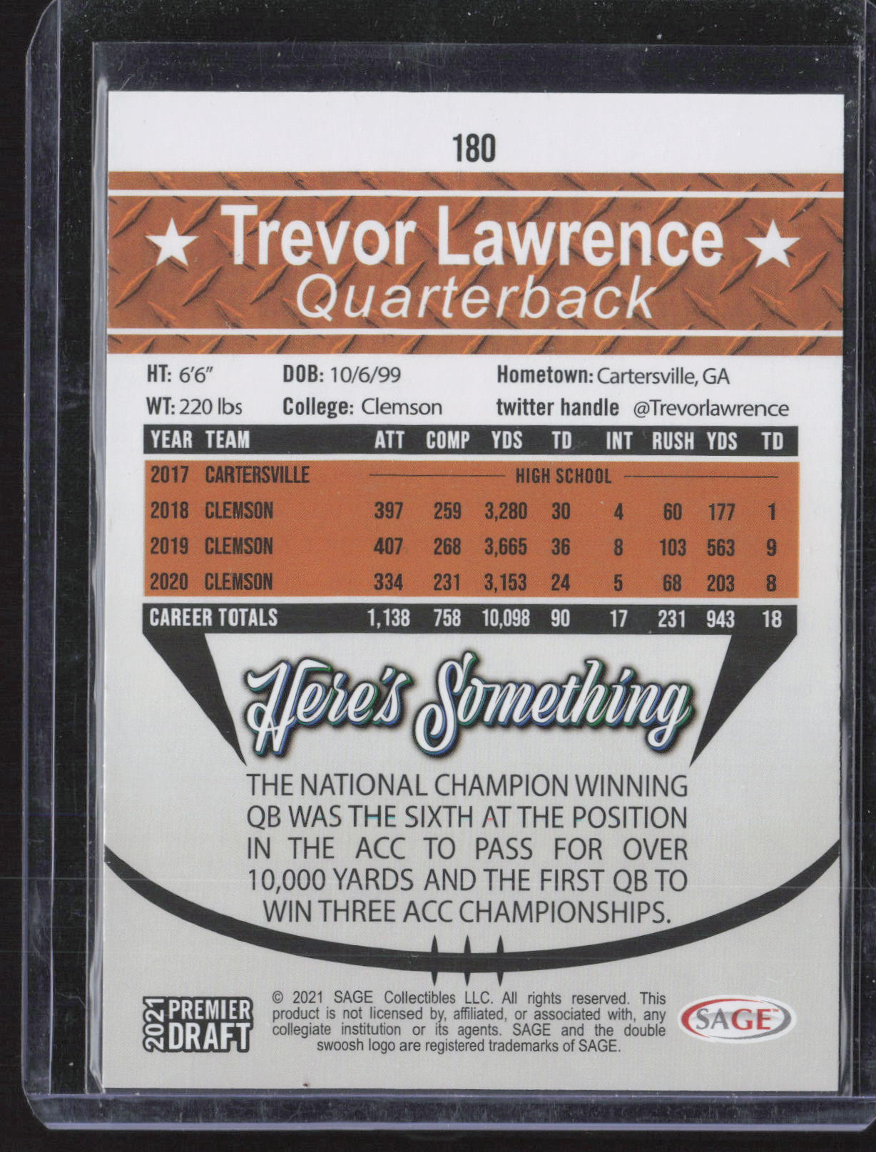 2021 SAGE Premier Draft #180 Trevor Lawrence