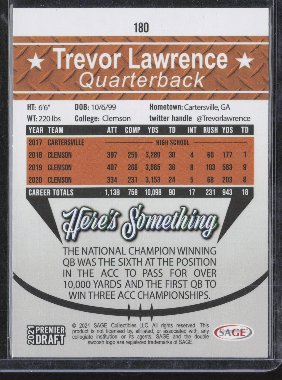 2021 SAGE Premier Draft #180 Trevor Lawrence