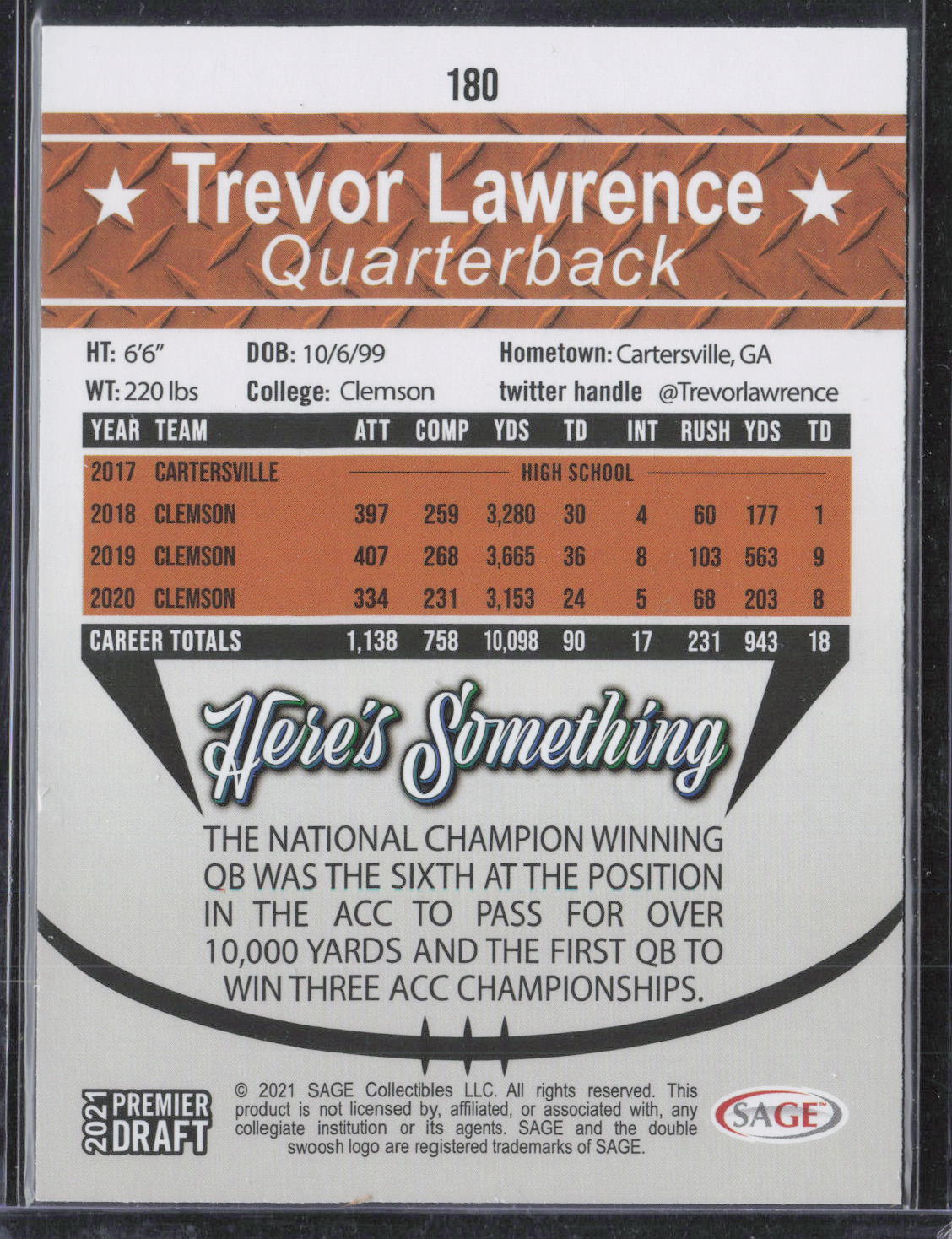 2021 SAGE Premier Draft #180 Trevor Lawrence