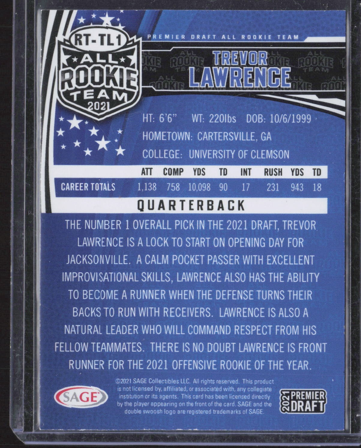 2021 SAGE Premier Draft #RT-TL1 Trevor Lawrence All-Rookie Team