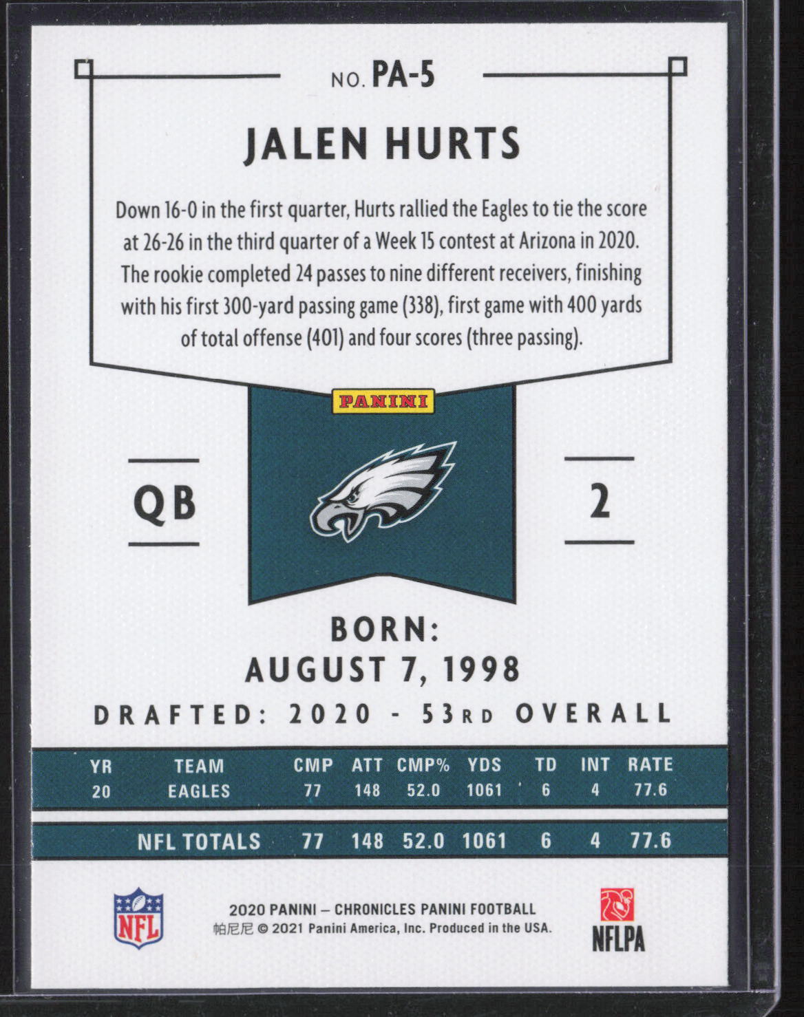 2020 Panini Chronicles #PA-5 Jalen Hurts Panini