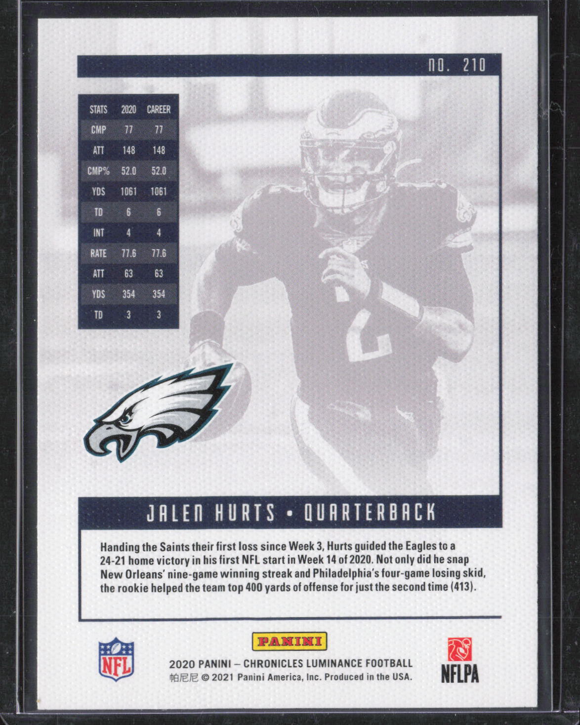 2020 Panini Chronicles #210 Jalen Hurts Luminance Update Rookies Bronze