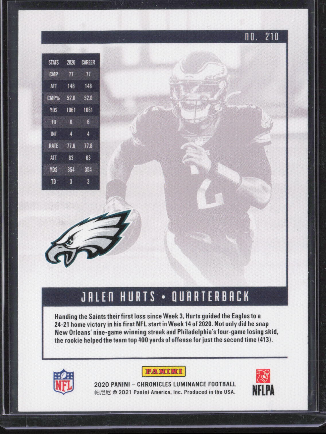 2020 Panini Chronicles #210 Jalen Hurts Luminance Update Rookies
