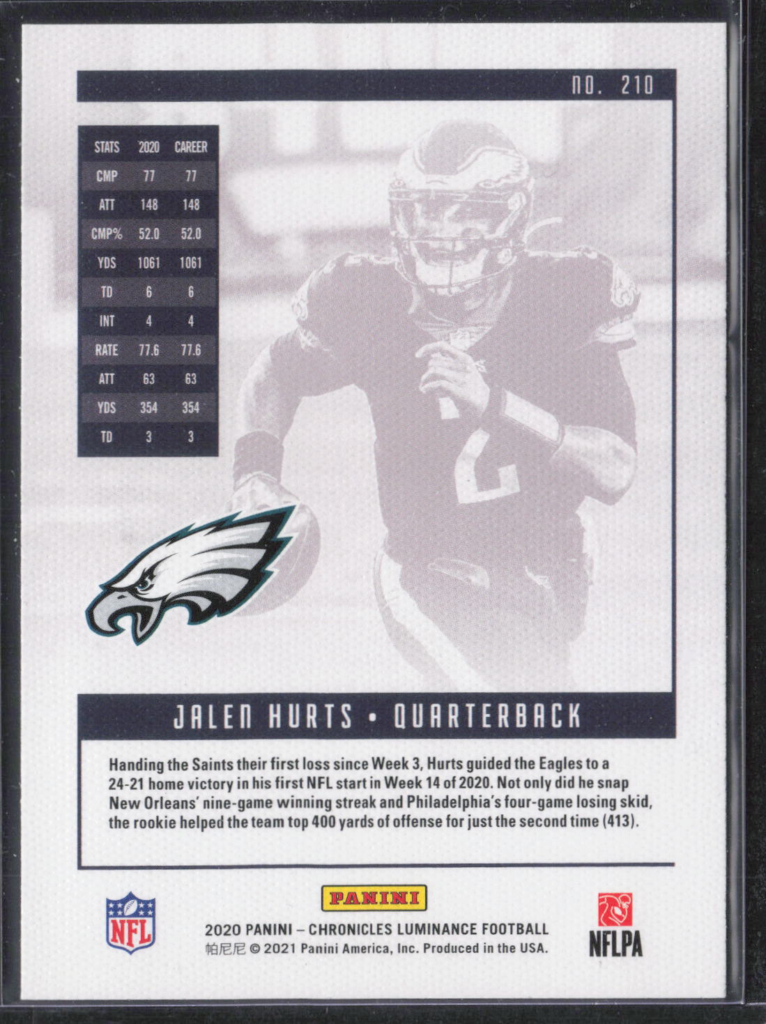 2020 Panini Chronicles #210 Jalen Hurts Luminance Update Rookies