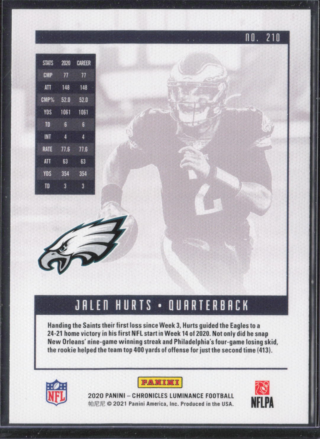 2020 Panini Chronicles #210 Jalen Hurts Luminance Update Rookies