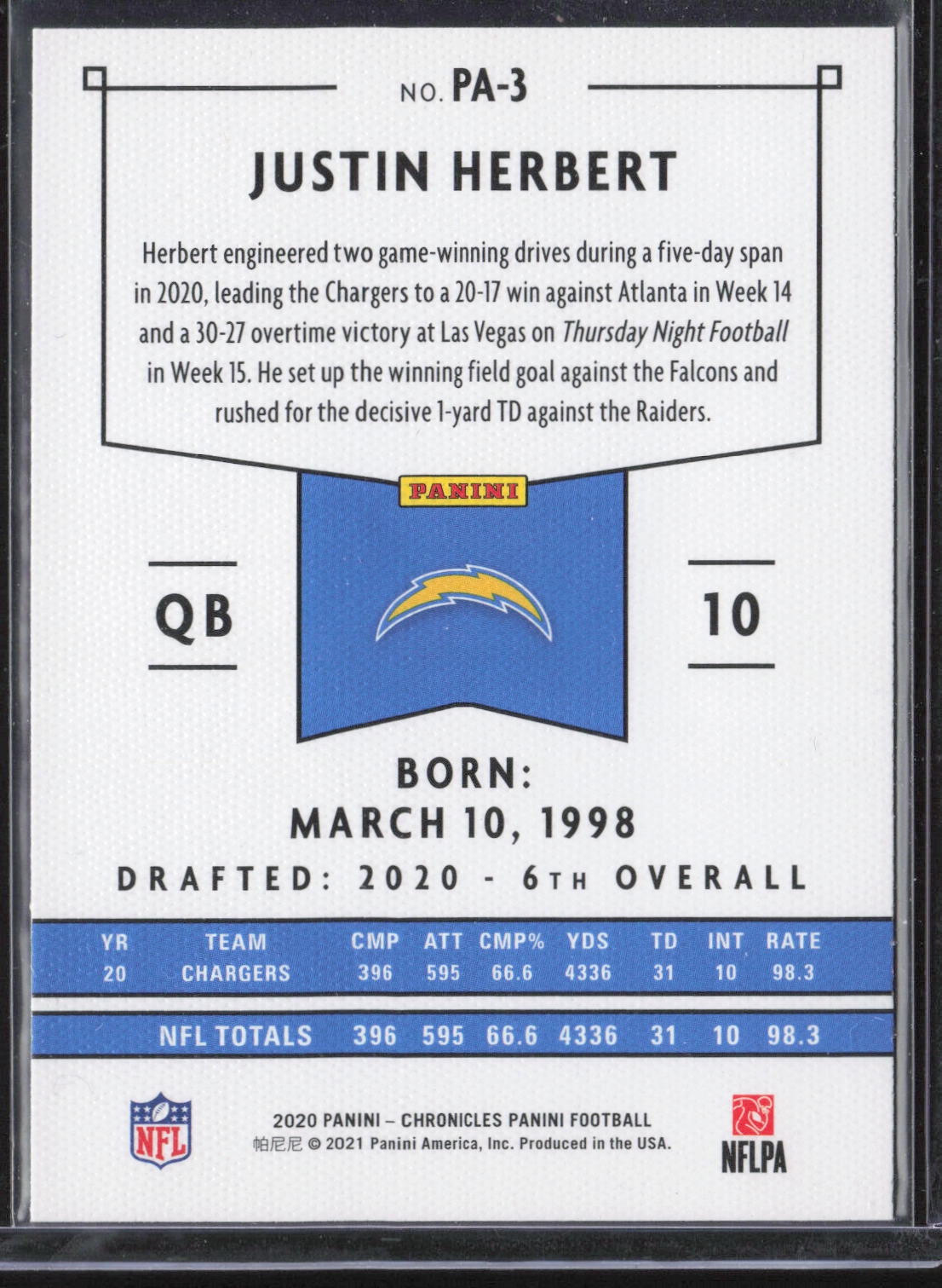 2020 Panini Chronicles #PA-3 Justin Herbert