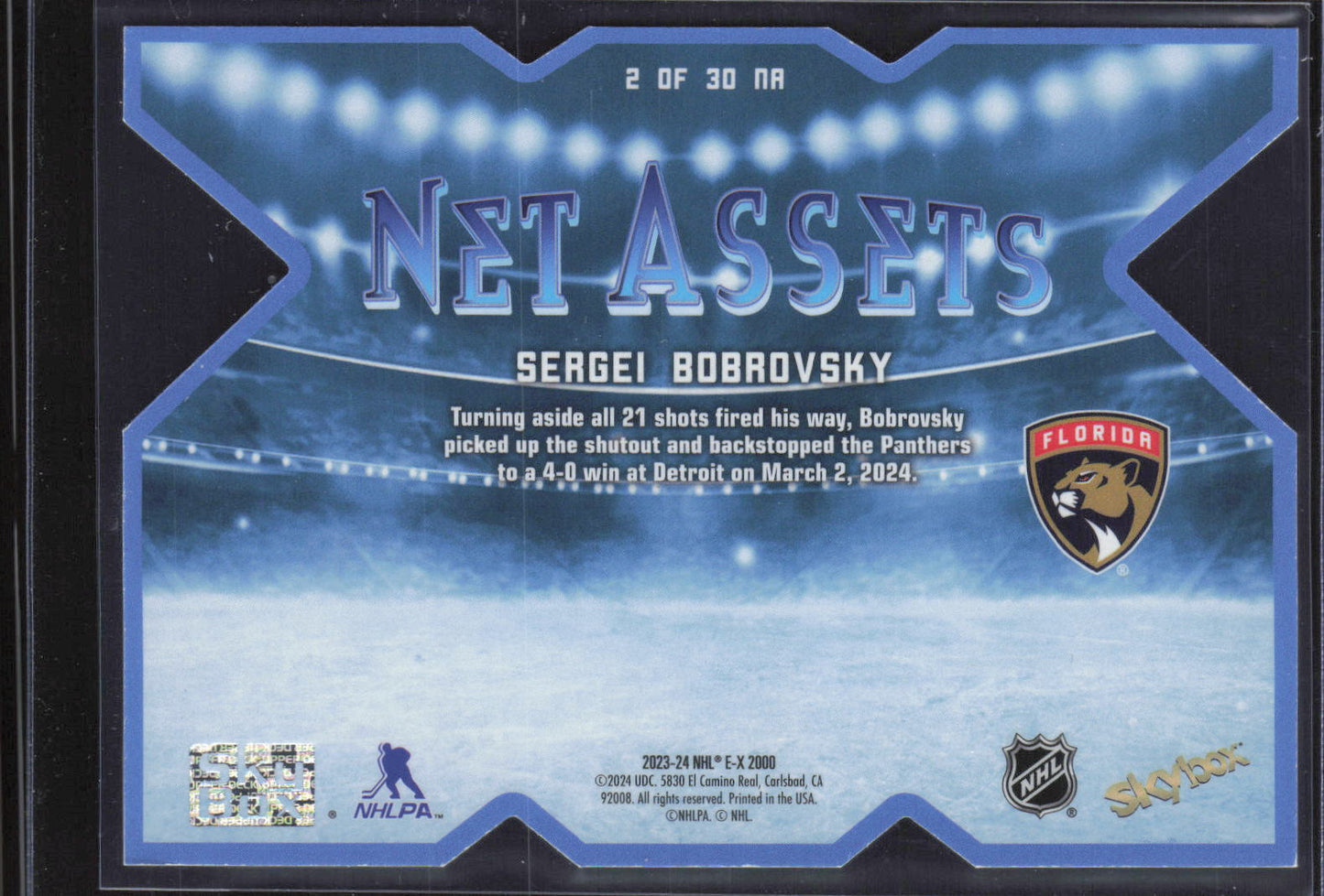 2023-24 SkyBox E-X 2000 #2 OF 30 NA Sergei Bobrovsky Net Assets