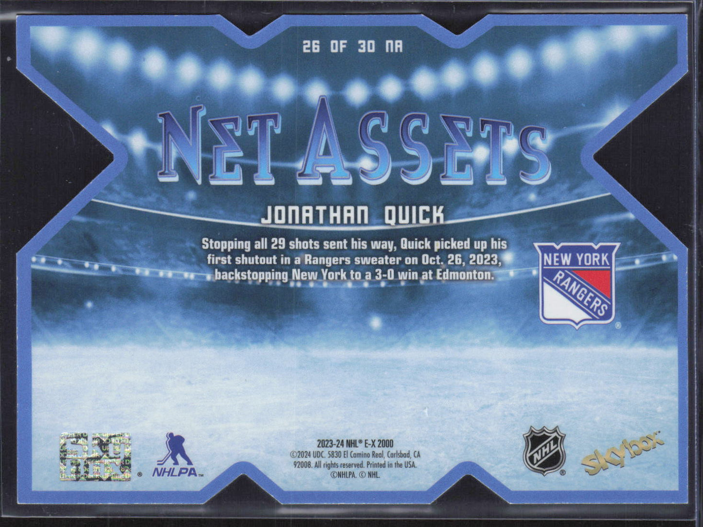 2023-24 SkyBox E-X 2000 #26 OF 30 NA Jonathan Quick Net Assets