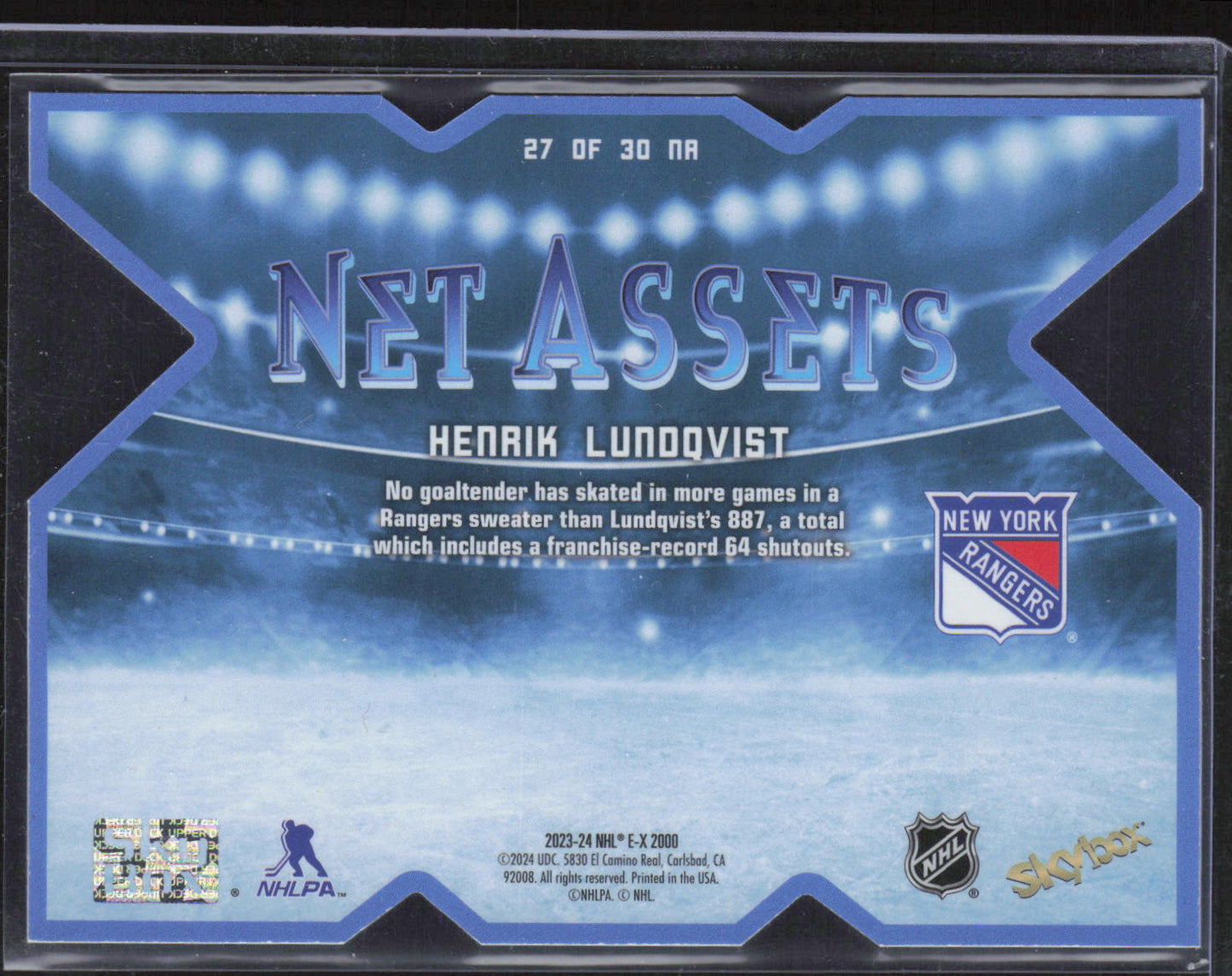 2023-24 SkyBox E-X 2000 #27 OF 30 NA Henrik Lundqvist Net Assets