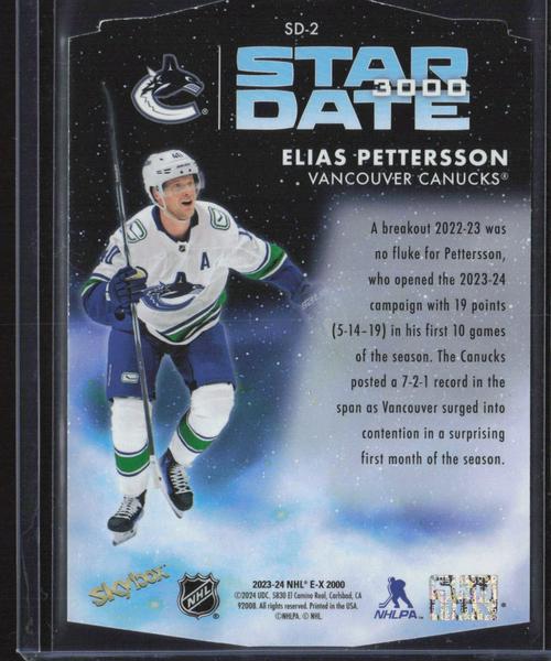 2023-24 SkyBox E-X 2000 #SD-2 Elias Pettersson Star Date 3000