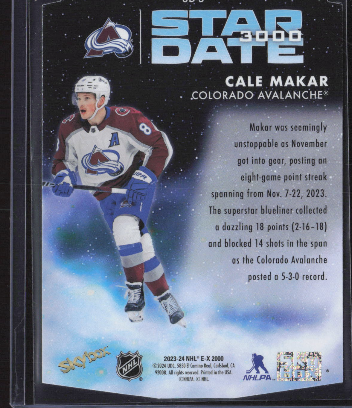 2023-24 SkyBox E-X 2000 #SD-5 Cale Makar Star Date 3000