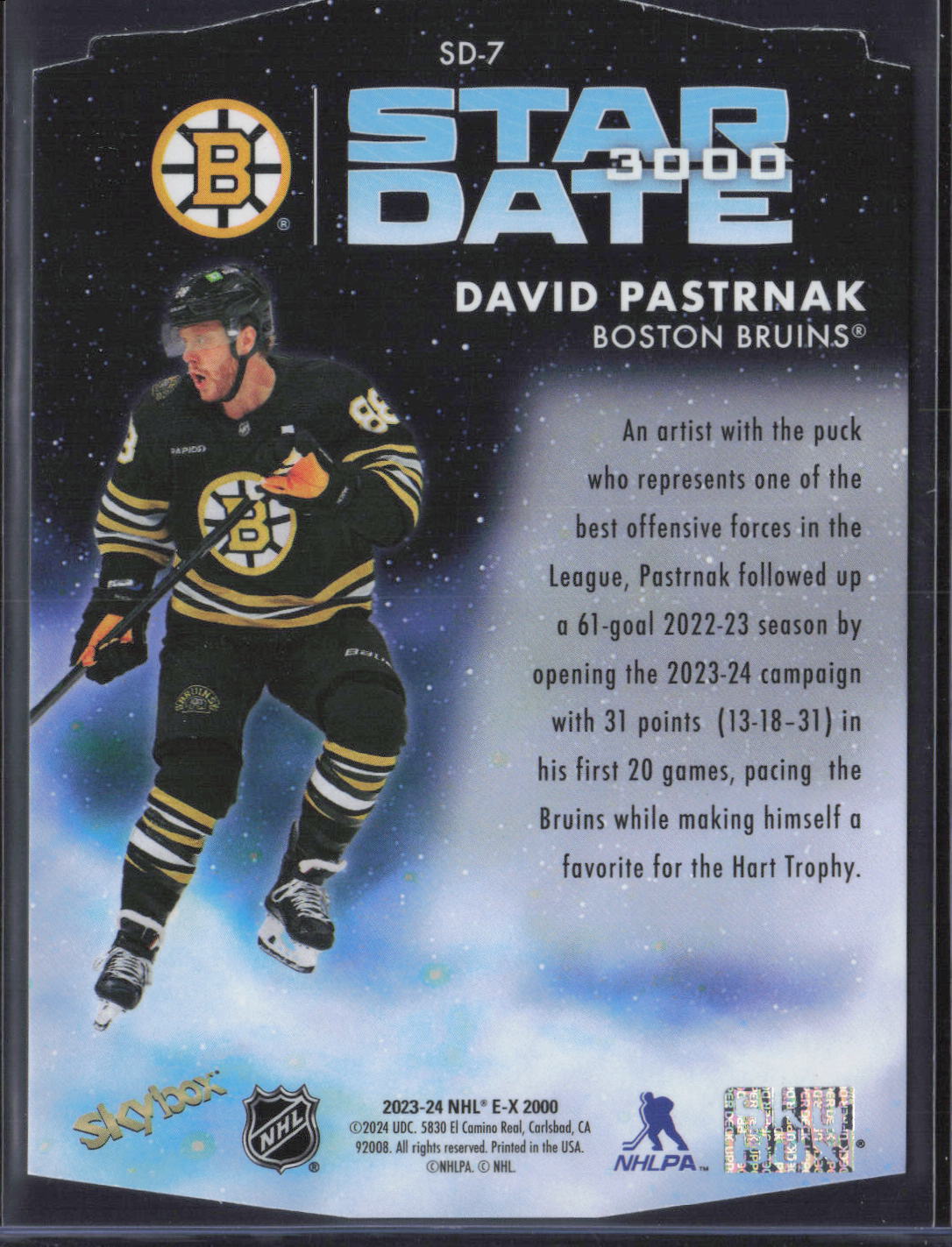 2023-24 SkyBox E-X 2000 #SD-7 David Pastrnak Star Date 3000