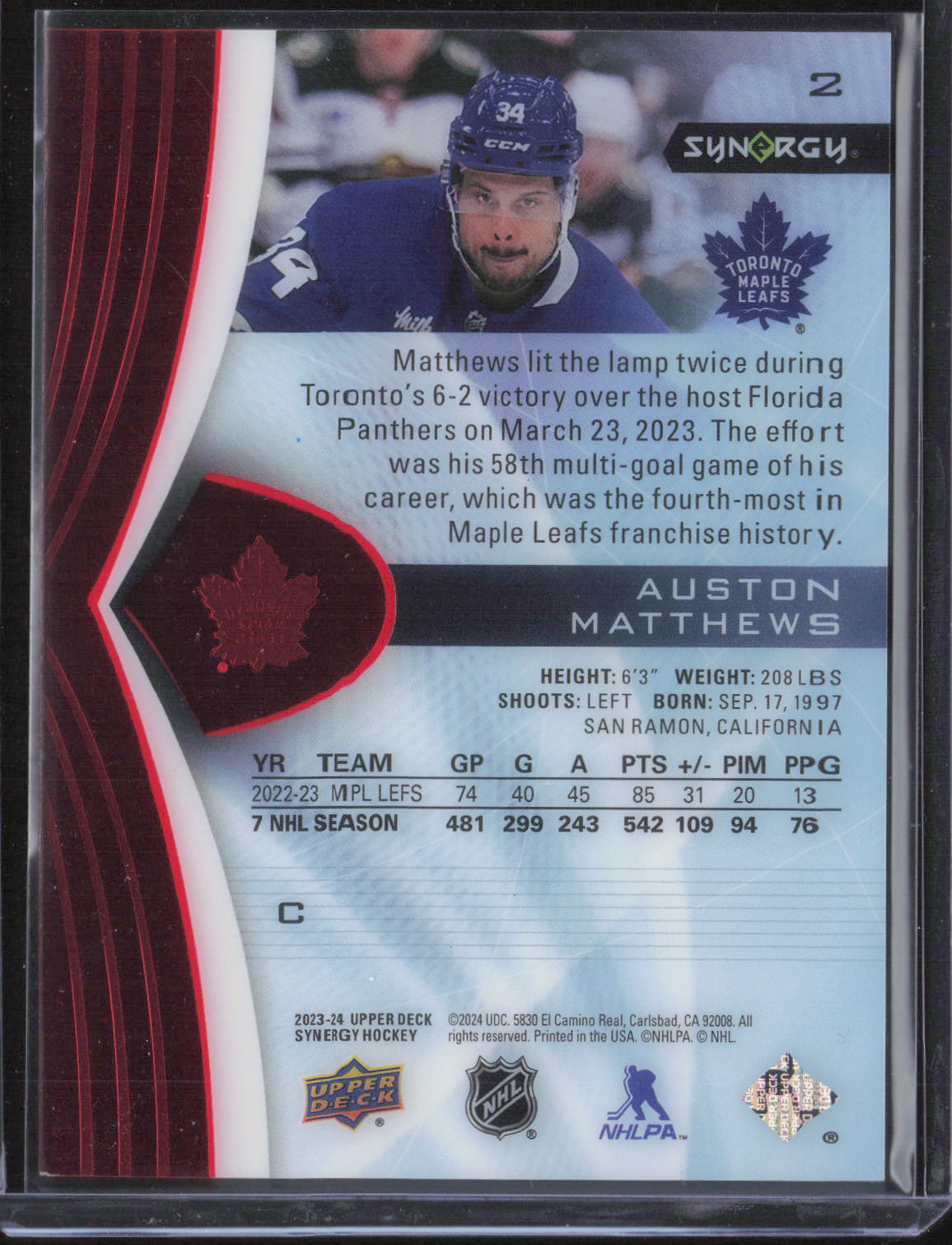 2023-24 Upper Deck Synergy #2 Auston Matthews Red