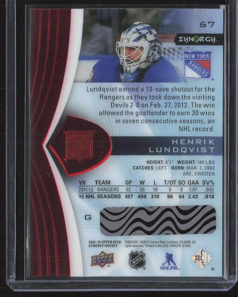 2023-24 Upper Deck Synergy #67 Henrik Lundqvist Red Codes